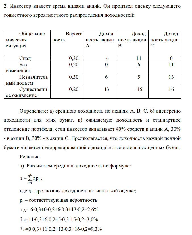 Инвестор владеет тремя видами акций. Он произвел оценку следующего совместного вероятностного распределения доходностей: Общеэконо мическая ситуация Вероят ность Доход ность акции А Доход ность акции В Доход ность