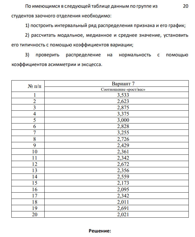 По имеющимся в следующей таблице данным по группе из 20 студентов заочного отделения необходимо: 1) построить интервальный ряд распределения признака и его график; 2) рассчитать модальное, медианное и среднее значение, установить его типичность с помощью коэффициентов вариации; 3) проверить распределение на нормальность с помощью коэффициентов асимметрии и эксцесса.