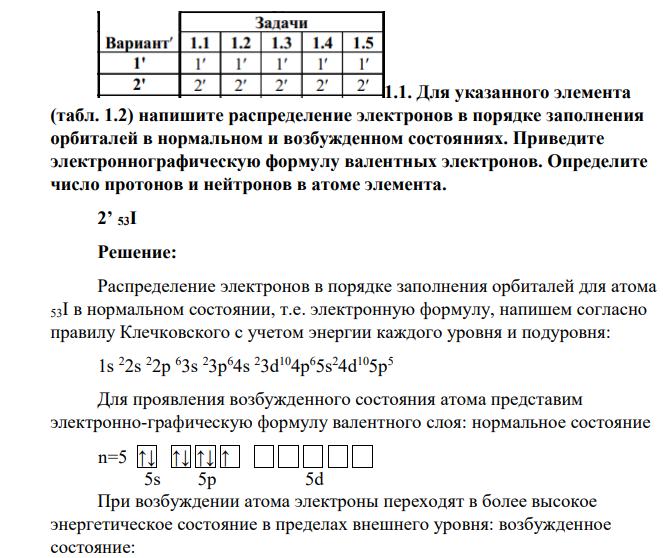 Для указанного элемента (табл. 1.2) напишите распределение электронов в порядке заполнения орбиталей в нормальном и возбужденном состояниях. Приведите электроннографическую формулу валентных электронов