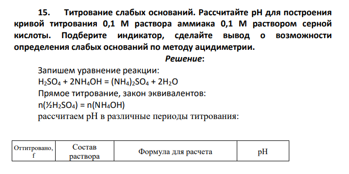 Титрование слабых оснований. Рассчитайте рН для построения кривой титрования 0,1 М раствора аммиака 0,1 М раствором серной кислоты.
