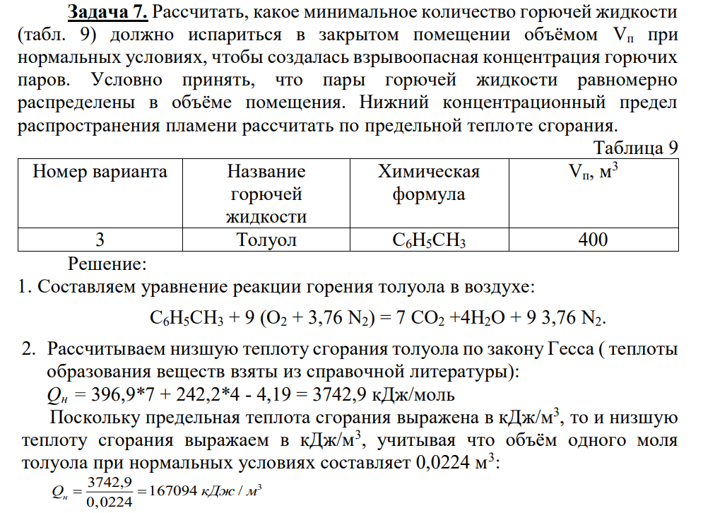 Рассчитать, какое минимальное количество горючей жидкости (табл. 9) должно испариться в закрытом помещении объёмом Vп при нормальных условиях, чтобы создалась взрывоопасная концентрация горючих паров. Условно принять, что пары горючей жидкости равномерно распределены в объёме помещения.
