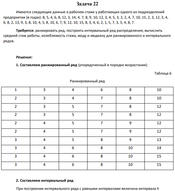 Задача 22 Имеются следующие данные о рабочем стаже у работающих одного из подразделений предприятия (в годах): 8, 5, 4, 6, 8, 12, 3, 14, 4, 7, 8, 9, 10, 12, 3, 4, 5, 3, 2, 2, 4, 7, 10, 15, 2, 3, 12, 3, 4, 6, 8, 2, 13, 9, 3, 8, 10, 4, 5, 8, 10, 6, 7, 9, 12, 10, 15, 8, 3, 4, 6, 2, 1, 5, 7, 3, 5, 4, 8, 7.