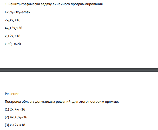 Решить графически задачу линейного программирования F=5x1+3x2max 2x1+x216 4x1+3x236 x1+2x218 x1≥0, x2≥0