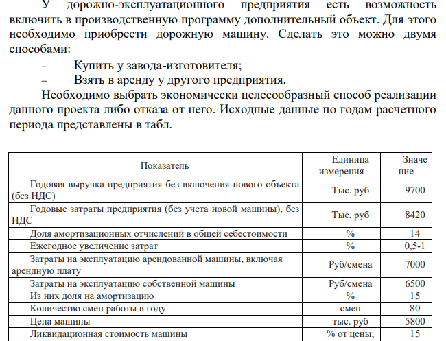 У дорожно-эксплуатационного предприятия есть возможность включить в производственную программу дополнительный объект. Для этого необходимо приобрести дорожную машину. Сделать это можно двумя способами: