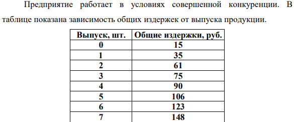 Предприятие работает в условиях совершенной конкуренции. В таблице показана зависимость общих издержек от выпуска продукции.