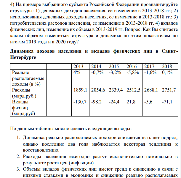 На примере выбранного субъекта Российской Федерации проанализируйте структуры: 1) денежных доходов населения, ее изменение в 2013-2018 гг.;
