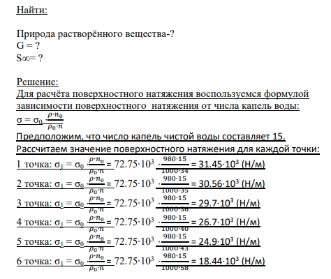 Найти: Природа растворённого вещества-? G = ? S∞= ?