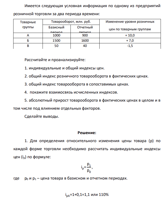 Имеется следующая условная информация по одному из предприятий розничной торговли за два периода времени: Товарные группы Товарооборот, млн. руб. Изменение уровня розничных цен по товарным группам (в %) Базисный период Отчетный период А 1000 900 + 10,0 Б 1500 1600 + 7,0 В 50 40 -1,5