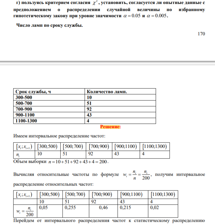 пользуясь критерием согласия 2 , установить, согласуется ли опытные данные с предположением о распределении случайной величины по избранному гипотетическому закону при уровне значимости 0.05 и 0.005. Число ламп по сроку службы