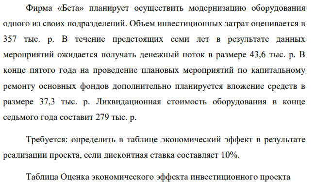 Фирма «Бета» планирует осуществить модернизацию оборудования одного из своих подразделений. Объем инвестиционных затрат оценивается в 357 тыс. р.