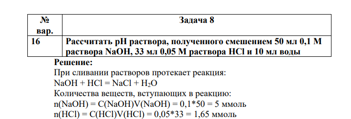 Рассчитать рН раствора, полученного смешением 50 мл 0,1 М раствора NаОН, 33 мл 0,05 М раствора НСl и 10 мл воды