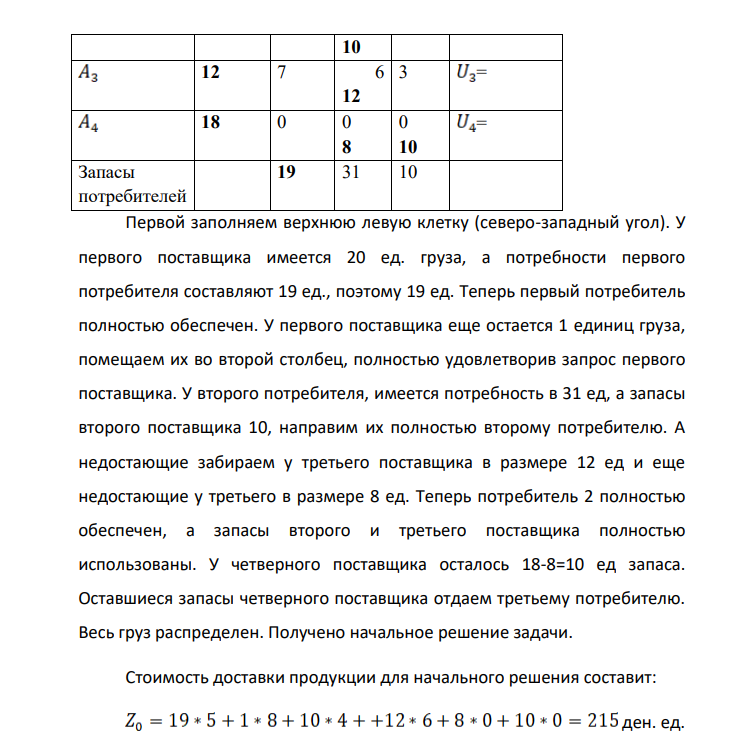 Решить транспортную задачу методом потенциалов. Первоначальный опорный план составьте методом северо-западного угла. Имеются три ткацких фабрики А1, А2 и А3 , которые поставляют ткань на три швейные фабрики в пределах России В1, В2 и В3. Известны запасы ткани на каждой ткацкой фабрике (в рулонах) и потребности в ней на каждой швейной фабрике.