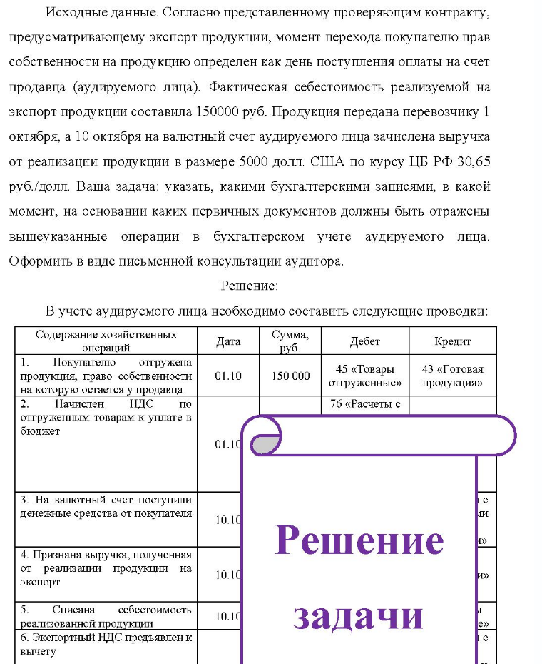 Исходные данные. Согласно представленному проверяющим контракту, предусматривающему экспорт продукции, момент перехода покупателю прав собственности на продукцию определен как день поступления оплаты на счет продавца (аудируемого (Решение → 8824)