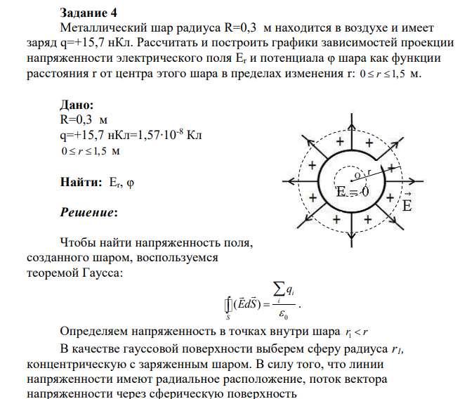Металлический шар радиуса R=0,3 м находится в воздухе и имеет заряд q=+15,7 нКл. Рассчитать и построить графики зависимостей проекции напряженности электрического поля Еr и потенциала φ шара как функции расстояния r от