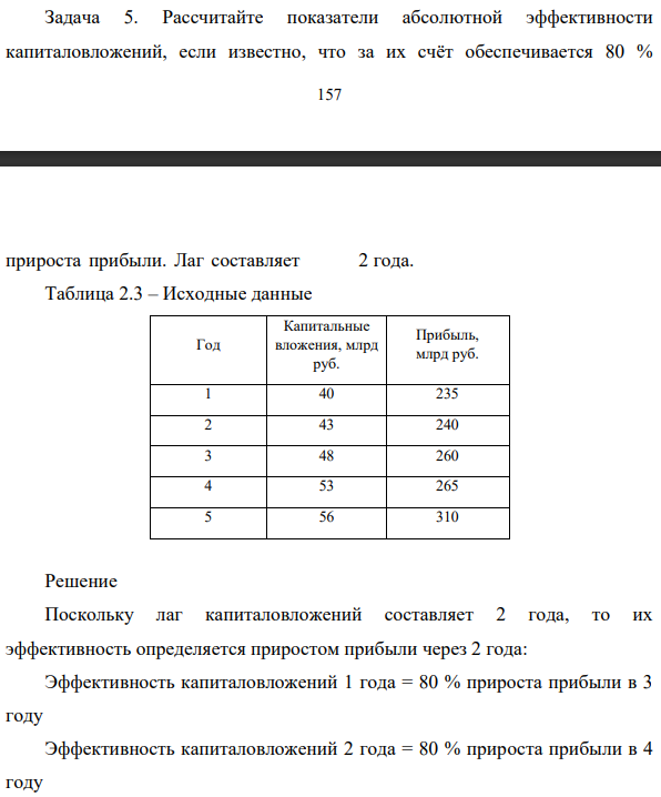 Рассчитайте показатели абсолютной эффективности капиталовложений, если известно, что за их счёт обеспечивается 80 % 158 прироста прибыли. Лаг составляет 2 года.