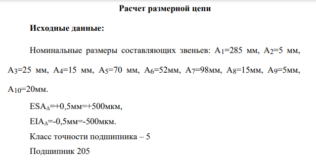 Расчет размерной цепи Исходные данные: Номинальные размеры составляющих звеньев: А1=285 мм, А2=5 мм, А3=25 мм, А4=15 мм, А5=70 мм, А6=52мм, А7=98мм, А8=15мм, А9=5мм, А10=20мм. ESАΔ=+0,5мм=+500мкм, EIАΔ=-0,5мм=-500мкм. Класс точности подшипника – 5 Подшипник 205