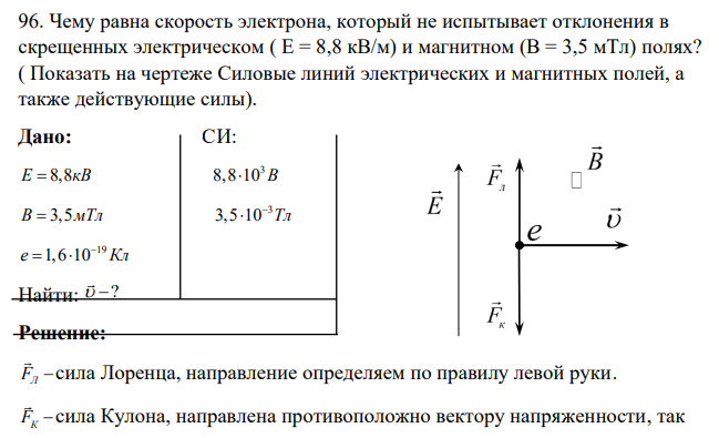Чему равна скорость электрона, который не испытывает отклонения в скрещенных электрическом ( Е = 8,8 кВ/м) и магнитном (В = 3,5 мТл) полях? ( Показать на чертеже Силовые линий электрических и магнитных полей, а также действующие силы). Дано: СИ: E 8,8кВ 3 8,8 10 B B 3,5мТл 3 3,5 10 Тл 19 e 1,6 10 Кл Найти: ?