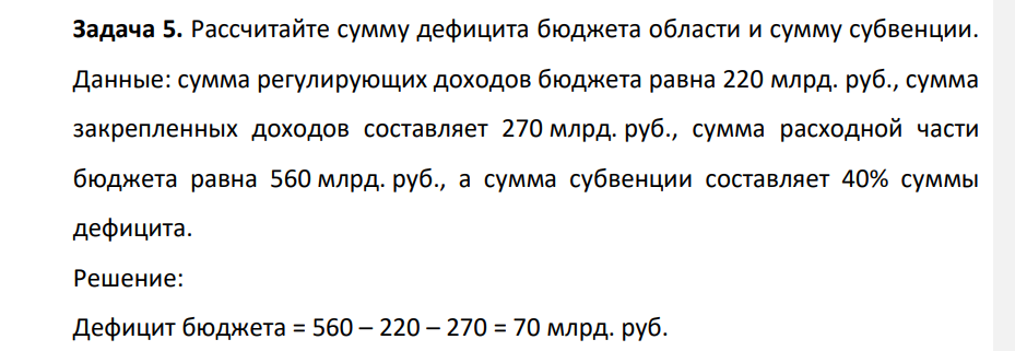 Рассчитайте сумму дефицита бюджета области и сумму субвенции. Данные: сумма регулирующих доходов бюджета равна 220 млрд. руб., сумма закрепленных доходов составляет 270 млрд. руб., сумма расходной части бюджета равна 560 млрд. руб., а сумма субвенции составляет 40% суммы дефицита.