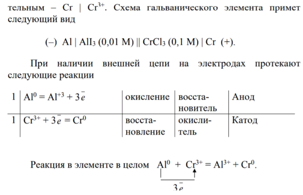 Составьте схему гальванического элемента, образованного двумя данными металлами, погруженными в растворы солей с известной активностью ионов; рассчитайте ЭДС этого элемента и G298 0 . Дано: Металлы: Cr, Al Соли: CrCl3, Al I3 Активности: a Cr3+= 0,1 М, а Al3+= 0,01 Мм