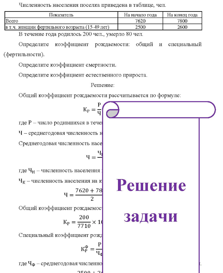 Численность населения поселка приведена в таблице, чел. Показатель На начало года На конец года Всего в т.ч. женщин фертильного возраста (15-49 лет) 7620 2500 7800 2600 В течение года родилось 200 чел. , умерло 80 чел. Определите коэффициент рождаемости: общий и