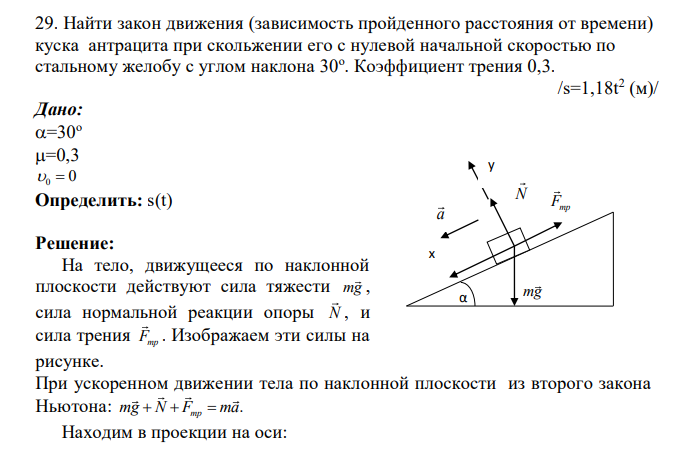 Найти закон движения (зависимость пройденного расстояния от времени) куска антрацита при скольжении его с нулевой начальной скоростью по стальному желобу с углом наклона 30о . Коэффициент трения 0,3. /s=1,18t 2 (м)/ Дано: =30о =0,3 0 0 Определить: s(t)