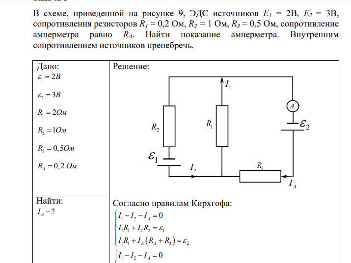 В схеме, приведенной на рисунке 9, ЭДС источников E1 = 2В, E2 = 3В, сопротивления резисторов R1 = 0,2 Ом, R2 = 1 Ом, R3 = 0,5 Ом, сопротивление амперметра равно RA. Найти показание амперметра. Внутренним сопротивлением источников пренебречь.