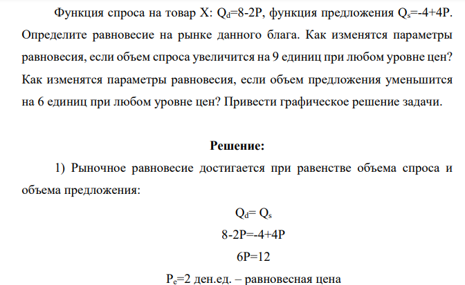 Функция спроса на товар Х: Qd=8-2Р, функция предложения Qs=-4+4P. Определите равновесие на рынке данного блага. Как изменятся параметры равновесия, если объем спроса увеличится на 9 единиц при любом уровне цен? Как