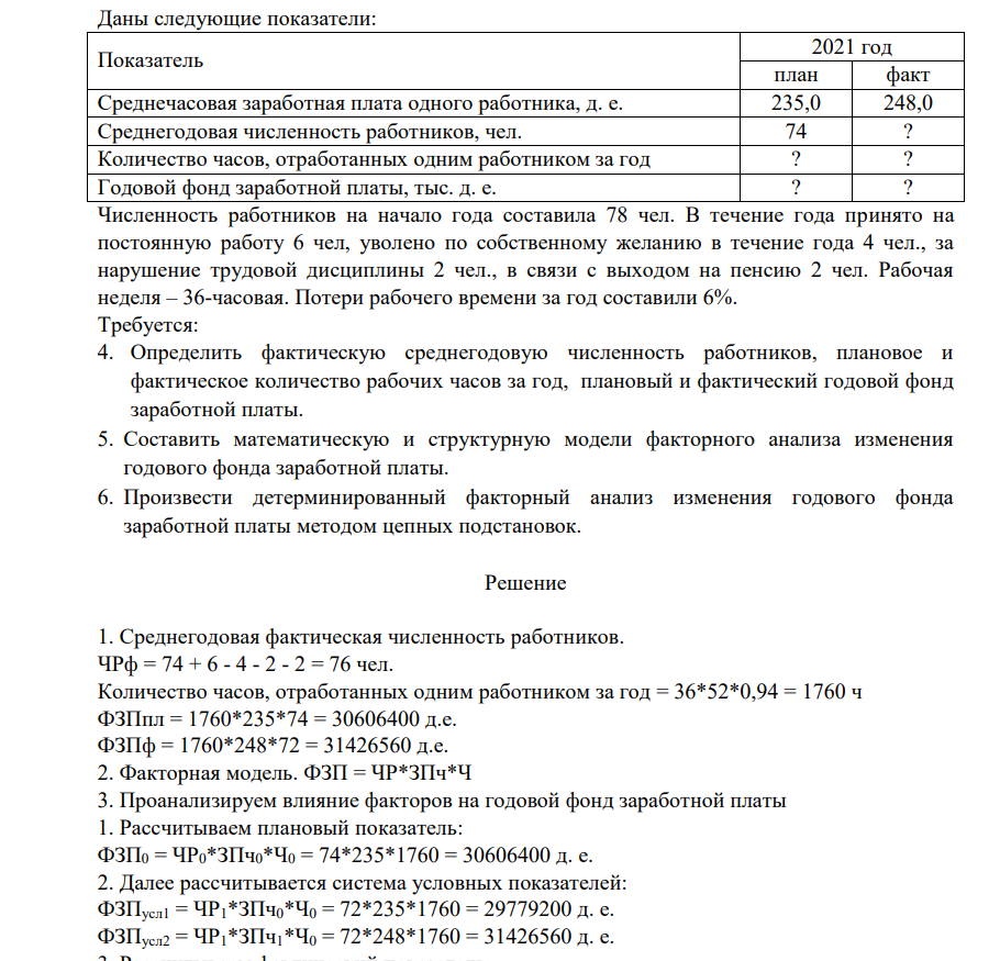 Даны следующие показатели: Показатель 2021 год план факт Среднечасовая заработная плата одного работника, д. е. 235,0 248,0 Среднегодовая численность работников, чел. 74 ?