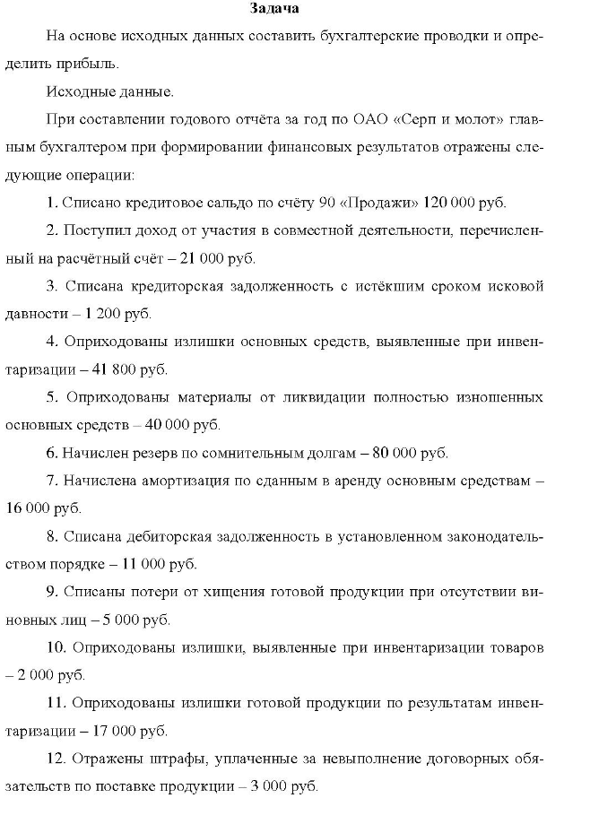 Задача На основе исходных данных составить бухгалтерские проводки и опре- делить прибыль. Исходные данные.