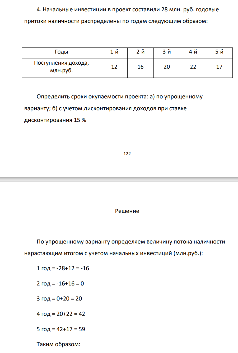 Начальные инвестиции в проект составили 28 млн. руб. годовые притоки наличности распределены по годам следующим образом: Годы 1-й 2-й 3-й 4-й 5-й Поступления дохода, млн.руб. 12 16 20 22 17