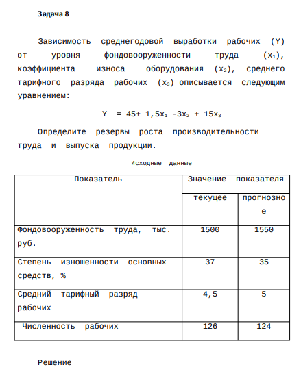 Зависимость среднегодовой выработки рабочих (Y) от уровня фондовооруженности труда (х1), коэффициента износа оборудования (х2), среднего тарифного разряда рабочих (х3) описывается следующим уравнением: Y = 45+ 1,5х1 -3х2 + 15х3 Определите резервы роста производительности труда и выпуска продукции.