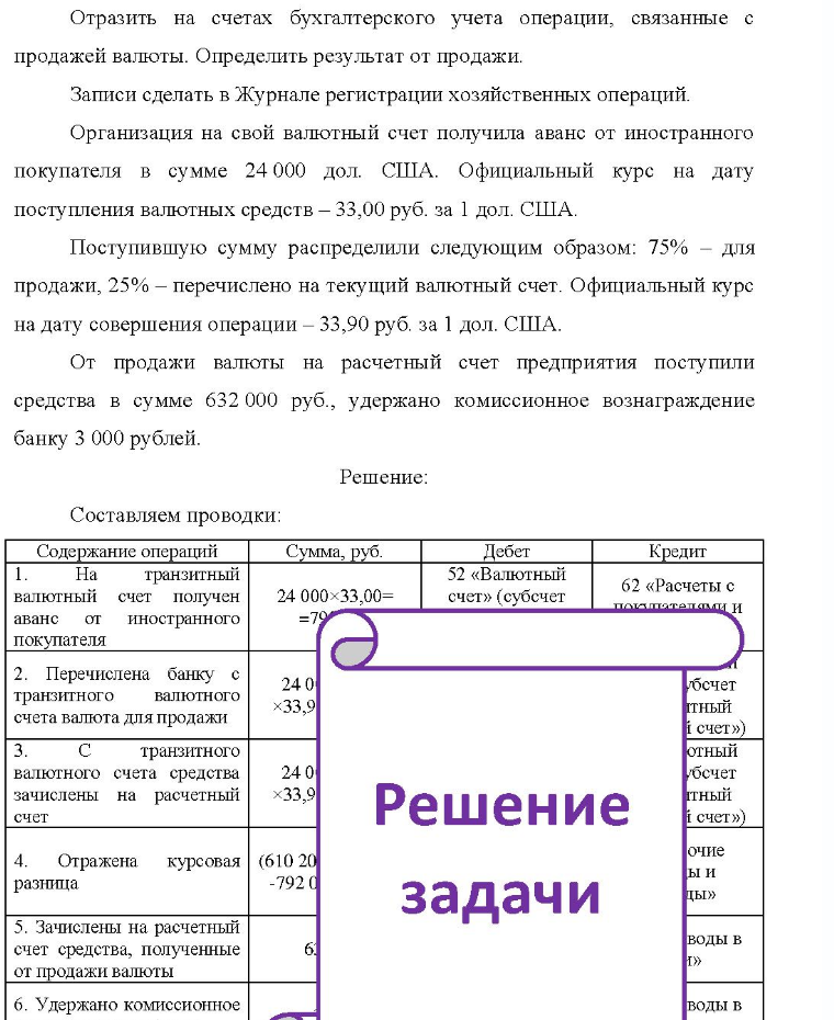 Отразить на счетах бухгалтерского учета операции, связанные с продажей валюты. Определить результат от продажи. Записи сделать в Журнале регистрации хозяйственных операций. Организация на свой валютный счет получила