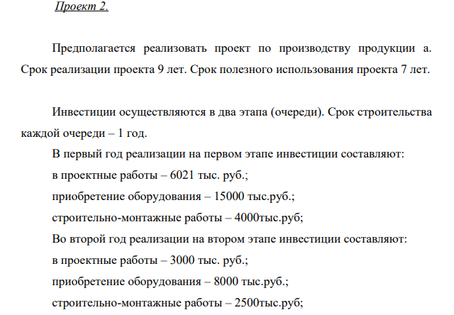 Инвестор предполагает реализовать один из предложенных проектов. Необходимо: 1. Определить схему финансирования проекта. Рассчитать проценты к уплате и проценты к получению.
