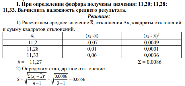 При определении фосфора получены значения: 11,20; 11,28; 11,33. Вычислить надежность среднего результата.