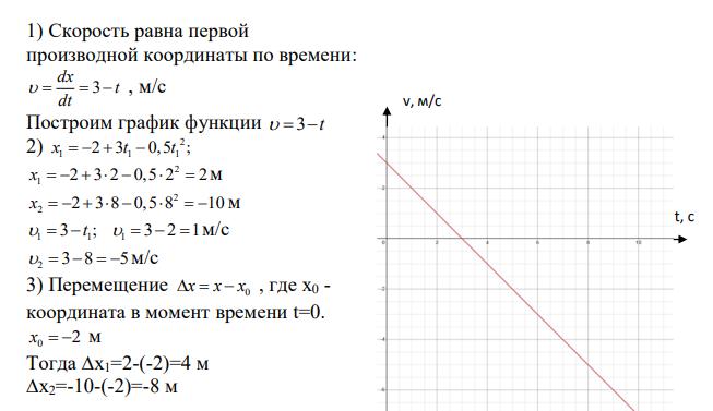 Движение точки задано уравнением 2 x t t     2 3 0,5 Написать уравнение скорости от времени, построить график функции v(t) Найти координату и скорость точки через 2 и 8 секунд после начала движения. Найти перемещение и