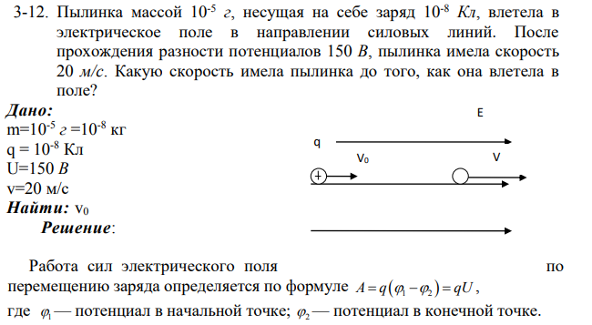 Пылинка массой 10-5 г, несущая на себе заряд 10-8 Кл, влетела в электрическое поле в направлении силовых линий. После прохождения разности потенциалов 150 В, пылинка имела скорость 20 м/с.