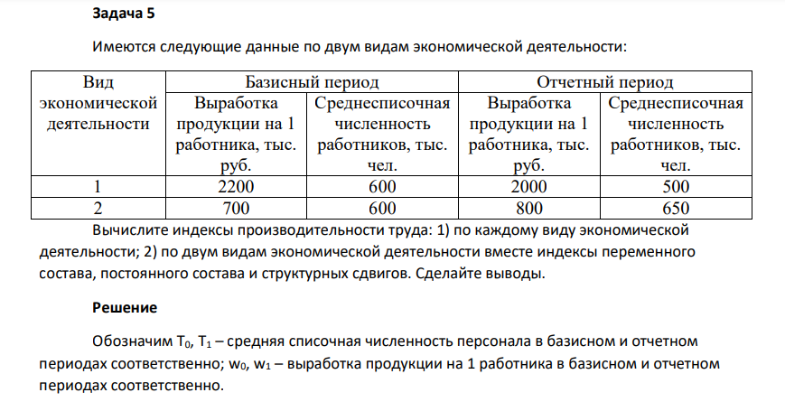 Имеются следующие данные по двум видам экономической деятельности: Вид экономической деятельности Базисный период Отчетный период Выработка продукции на 1 работника, тыс. руб. Среднесписочная численность работников, тыс. чел. Выработка продукции на 1 работника, тыс. руб.