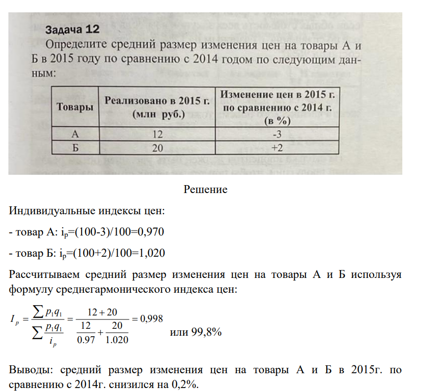 Определите средний размер цен на товары А и Б в 2015 году по сравнению с 20154 годом