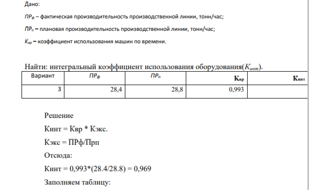 Дано: ПРф – фактическая производительность производственной линии, тонн/час; ПРп – плановая производительность производственной линии, тонн/час; Kвр – коэффициент использования машин по времениДано: ПРф – фактическая производительность производственной линии, тонн/час; ПРп – плановая производительность производственной линии, тонн/час; Kвр – коэффициент использования машин по времени