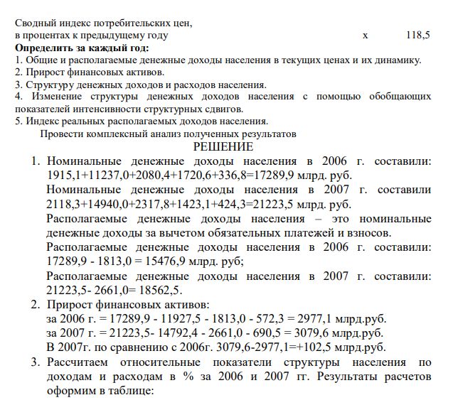 Имеются следующие данные о составе и использовании денежных доходов населения РФ в текущих ценах, млрд. руб.: Показатели 2006 г. 2007 г. Денежные доходы: -доходы от предпринимательской деятельности 1915,1 2118,3 -оплата труда 11237,0 14940,0 -социальные выплаты 2080,4 2317,8 -доходы от собственности 1720,6 1423,1 -другие доходы 336,8 424,3