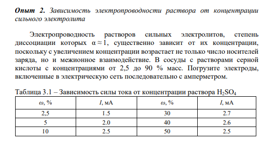 Опыт 2. Зависимость электропроводности раствора от концентрации сильного электролита