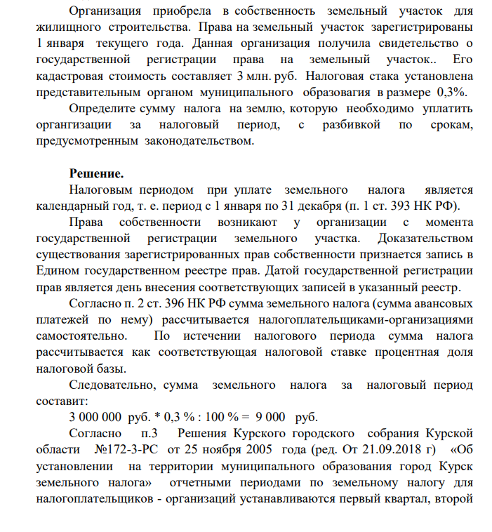 Организация приобрела в собственность земельный участок для жилищного строительства. Права на земельный участок зарегистрированы 1 января текущего года