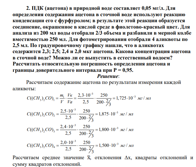 ПДК (ацетона) в природной воде составляет 0,05 мг/л. Для определения содержания ацетона в сточной воде используют реакцию конденсации его с фурфуролом; в результате этой реакции образуется соединение, окрашенное в кислой среде в фиолетово-красный цвет. Для анализа из 200 мл воды отобрали 2/3 объема и разбавили в мерной колбе вместимостью 250 мл.