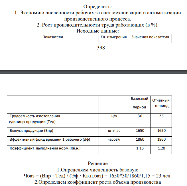 Базисный период Отчетный период Трудоемкость изготовления единицы продукции (Тед) н/ч 30 25 Выпуск продукции (Впр) шт/час 1650 1650