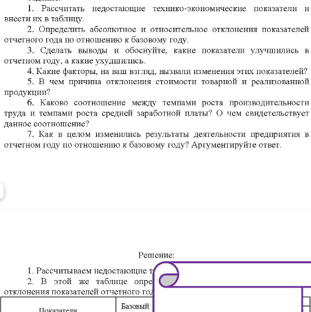 Исходные данные: Показатели Базовый Отчетный - год год (+/-) Отклонение Абсолютное, Относительное, % Производственная мощность, тыс.т. Объем производства, тыс.т. Стоимость товарной продукции, тыс. р. Стоимость реализованной продукции, тыс. р.
