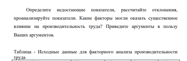 Определите недостающие показатели, рассчитайте отклонения, проанализируйте показатели. Какие факторы могли оказать существенное влияние на производительность труда? Приведите аргументы в пользу Ваших аргументов