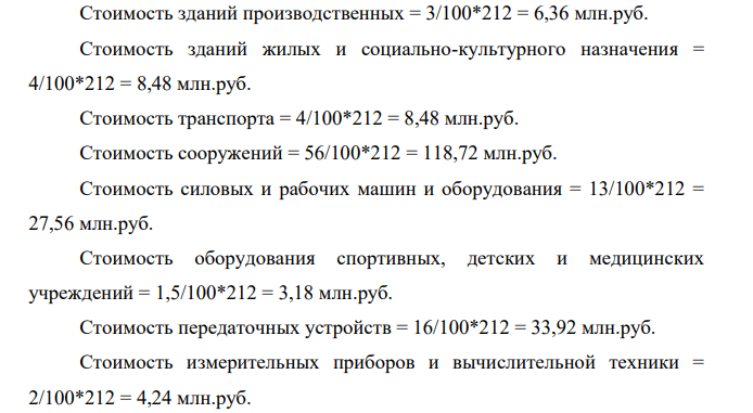 Полная балансовая стоимость основных средств предприятия на 1.01 отчетного года составила 212 млн. руб. Их структура (в % к балансовой стоимости) представлена в таблице. Наименование Значение, % 1. Здания производственные 3 2. Здания жилые и социально-культурного назначения 4 3. Транспорт 4 4. Сооружения 56 5.