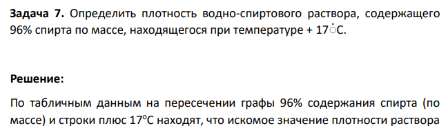 Определить плотность водно-спиртового раствора, содержащего 96% спирта по массе, находящегося при температуре + 17ْ С.