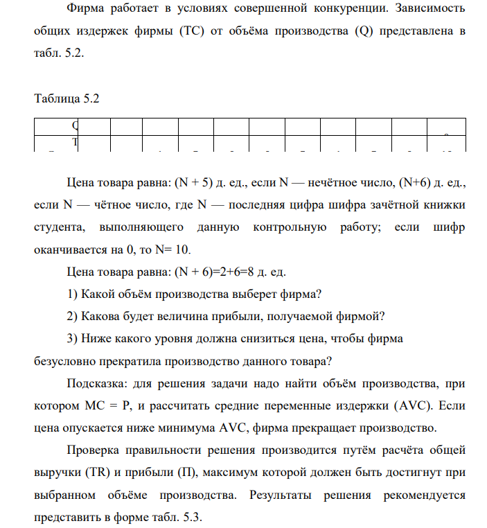 Фирма работает в условиях совершенной конкуренции. Зависимость общих издержек фирмы (ТС) от объёма производства (Q) представлена в табл. 5.2.