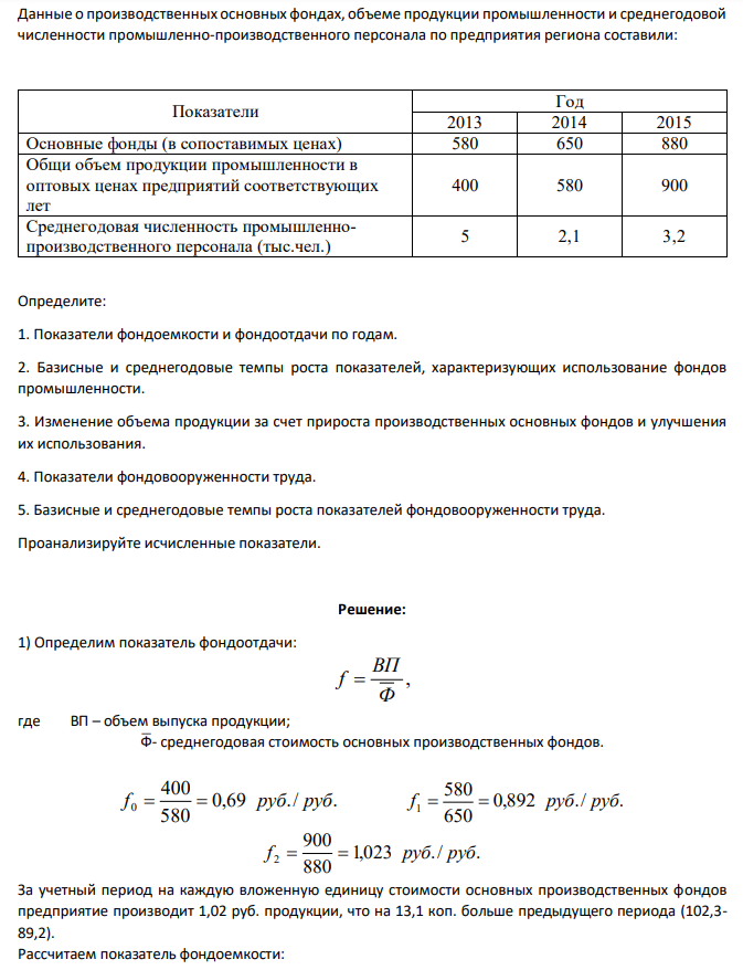 Данные о производственных основных фондах, объеме продукции промышленности и среднегодовой численности промышленно-производственного персонала по предприятия региона составили: Показатели